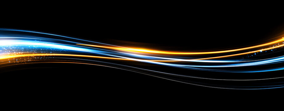 Smooth glowing blue orange light wave abstract black background electric motion trail
