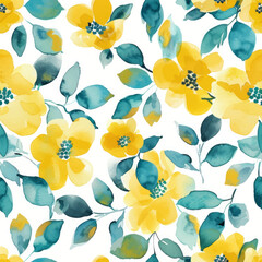 Cute teal and yellow floral pattern on a white background. watercolor seamless pattern. Watercolor print in rustic vintage style, textile or wallpapers.