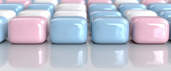 Pastel-colored glossy cubes arranged in rows reflecting on a surface.