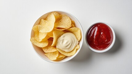 A bowl of chips and a bowl of ketchup. The chips are yellow and the ketchup is red
