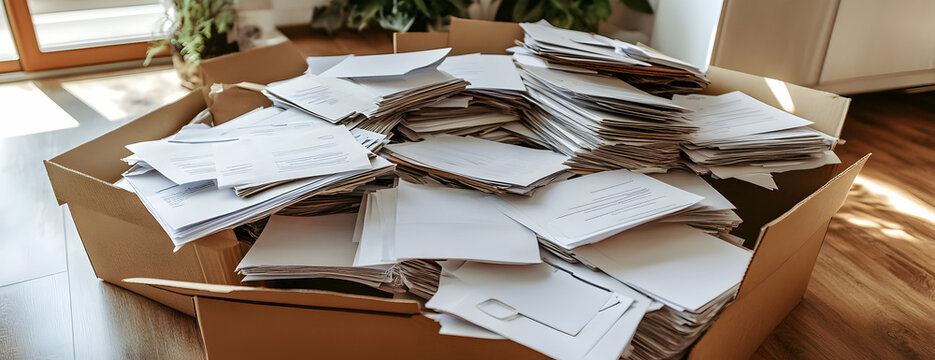 Overstuffed papers box, home office, sunlight