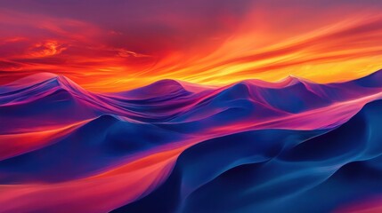 A vibrant, abstract landscape featuring flowing waves of color at sunset.