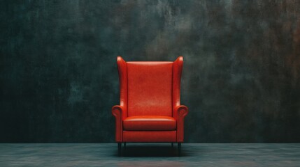 A striking leather armchair stands alone in a dimly lit room, highlighting its sleek design and inviting allure in an elegant setting