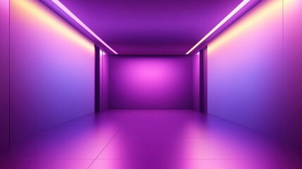 Futuristic empty room with lilac ombre wall and flooring, a neon vector banner in the background with abstract digital and product-themed elements. 