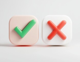 3D render of green checkmark and red X in square buttons.