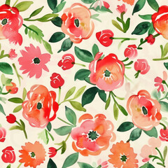 Cute pink and red floral pattern on a cream background, watercolor seamless pattern. Watercolor print in rustic vintage style, textile or wallpapers.