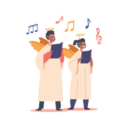 Children Characters Dressed In Angel Costumes, Joyfully Singing In A Choir, Creating A Heavenly Atmosphere