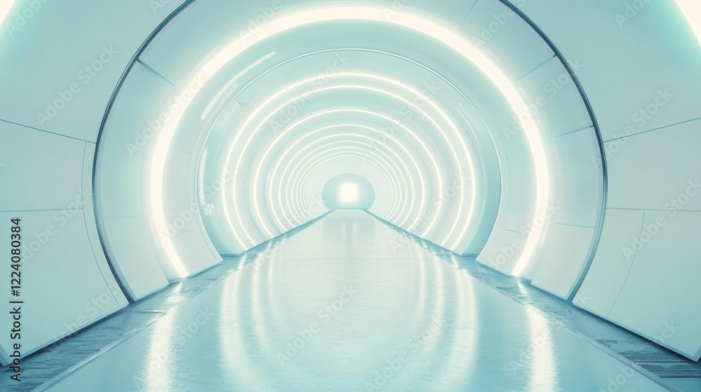Poster bright white corridor features circular patterns and luminous lighting, creating a serene atmosphere