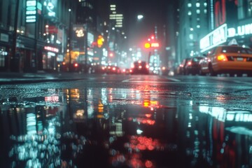 Fototapeta premium A city street at night with a taxi cab in the foreground. The street is wet and the reflection of the taxi cab can be seen in the water