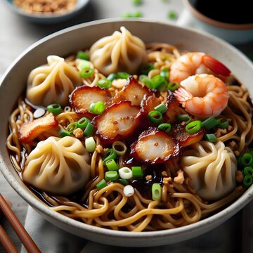 A close-up shot of a bowl of delicious wantan mee kicap (noodles with soy sauce and dumplings).