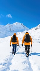 Adventurers Hiking Through Fresh Snow in Mountains Under Bright Blue Sky Amidst Stunning Winter Landscape