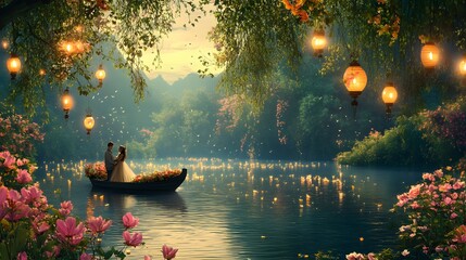 Tranquil scene with a boat on a serene lake, vibrant flowers and glowing lanterns illuminating a magical atmosphere.