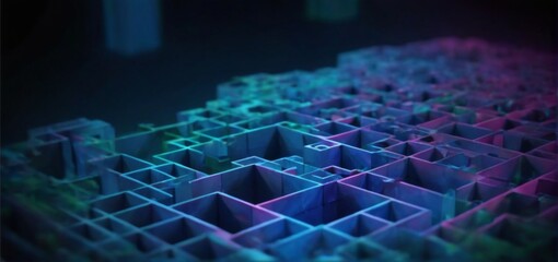 Obraz premium Abstract 3D Maze with Colorful Interconnected Cubes on Dark Background - Futuristic Digital Art with Vibrant Colors