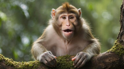 A mischievous macaque monkey swinging effortlessly through the trees of a lush, tropical forest