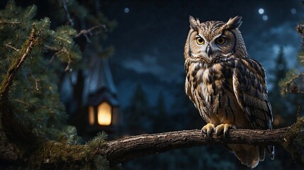 A majestic owl perched on a bare branch under the velvet night sky, its sharp gaze piercing the darkness.