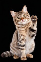 Fototapeta premium Curious Tabby Cat Sitting Playfully on Black Background