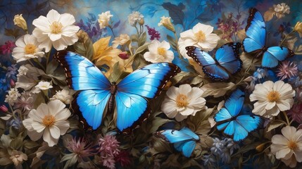 A mesmerizing blue morpho butterfly with iridescent wings, fluttering delicately amidst a field of wildflowers.