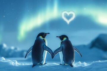 Two Penguins Embrace Underneath Arctic Aurora Heart