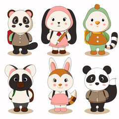 Fototapeta premium Cute animal characters with backpacks ready for school.