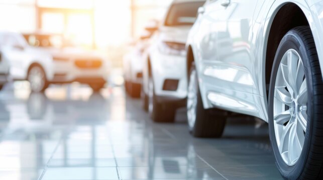 Brightly lit showroom displays an array of stylish white cars highlighting modern automotive design and attention to detail