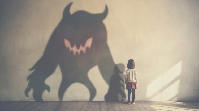 A young child stands frozen, facing a large, menacing shadow monster cast on the wall in a dimly lit space