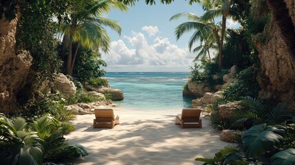 Fototapeta premium Tranquil tropical beach with palm trees and sunlit ocean view