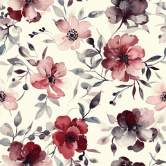Cute flowers have dark gray leaves at the bottom, some pink blushed petals, watercolor seamless pattern. Watercolor print in rustic vintage style, textile or wallpapers.