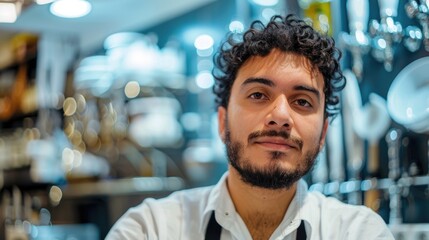 A man with a beard and a mustache is smiling at the camera. He is wearing a white shirt and a black apron