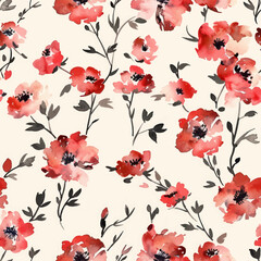 Cute red floral pattern on a cream background. watercolor seamless pattern. Watercolor print in rustic vintage style, textile or wallpapers.