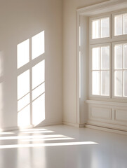 Bright Sunlit Room with Large Windows and Beaming Light Through Interiors : Generative AI