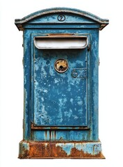 Weathered blue vintage mailbox with rust.