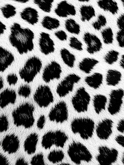 A close up of a leopard print pattern. The pattern is black and white and has a lot of detail. The image has a bold and striking look to it