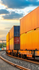 Obraz premium Sunset Cargo Train Curving, Rail Yard