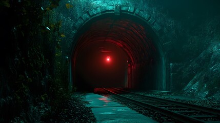 Naklejka premium Mysterious tunnel illuminated by a glowing red light, shadowy walls and eerie atmosphere, ideal for horror themes and storytelling.