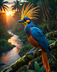  Cendrawasih bird of paradise on its habitat, Papua Forest, extinct bird, sunset, tropical forest, river, created by generative ai