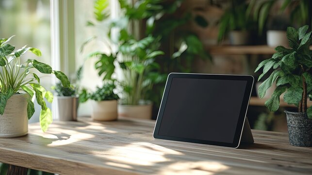 3D mockup of a tablet with customizable screen on a wooden desk with plants, cozy workspace setup