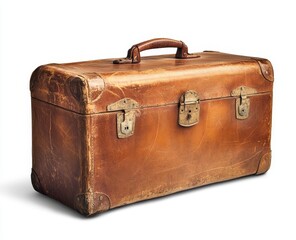Vintage brown leather suitcase, antique travel trunk, isolated on white.