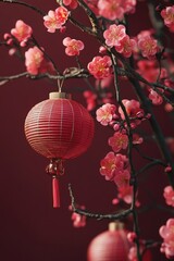 A red lantern hangs from a tree branch. The lantern is red and has a gold trim. The tree is full of pink flowers. The scene is peaceful and serene