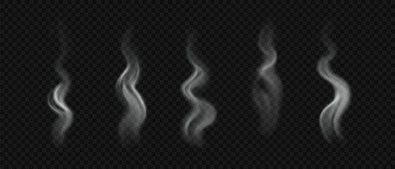 Set of realistic steam on hot food, drink, hookah and cigarettes. White vector wavy smoke or haze isolated on transparent backdrop
