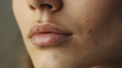 Fototapeta premium A woman with a prominent nose and a small pimple on her chin. The nose is large and prominent, and the pimple is small and barely noticeable