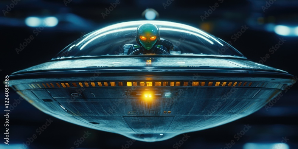 Canvas Prints a green alien is sitting in the cockpit of a spaceship. the spaceship is flying through space. the a