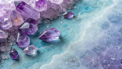 Amethyst crystals scattered on a textured, abstract background with shades of purple and blue hues, giving an otherworldly appearance., quartz, purple, amethyst, mystical, blue