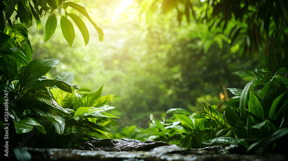 Poster lush green rainforest with sunlight filtering through dense foliage : generative ai