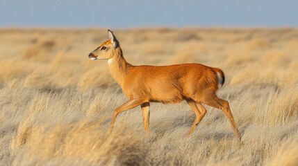 A lone deer gracefully strolls across a vast expanse of golden grasslands, bathed in the soft glow of the setting sun.