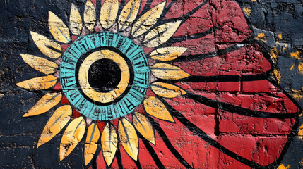 Colorful Sunflower Mural on Brick Wall Showcasing Urban Art and Creativity : Generative AI