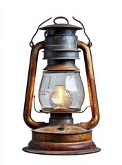Antique kerosene lamp with a lit bulb, isolated on white.