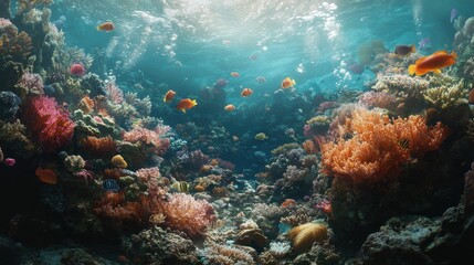 Fototapeta premium Vibrant coral reef fish swimming, ocean sunlit scene, underwater paradise, marine life background