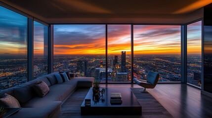 Fototapeta premium Wide-Angle View of a Luxury Apartment at Sunset