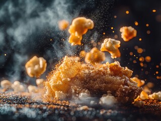 A pile of popcorn is scattered on the ground, with some pieces still in the air. The scene is chaotic and messy, with the popcorn flying everywhere. Scene is one of disorder and excitement