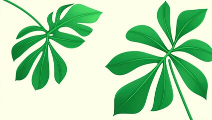 Two Lush Green Tropical Leaves Isolated On White
